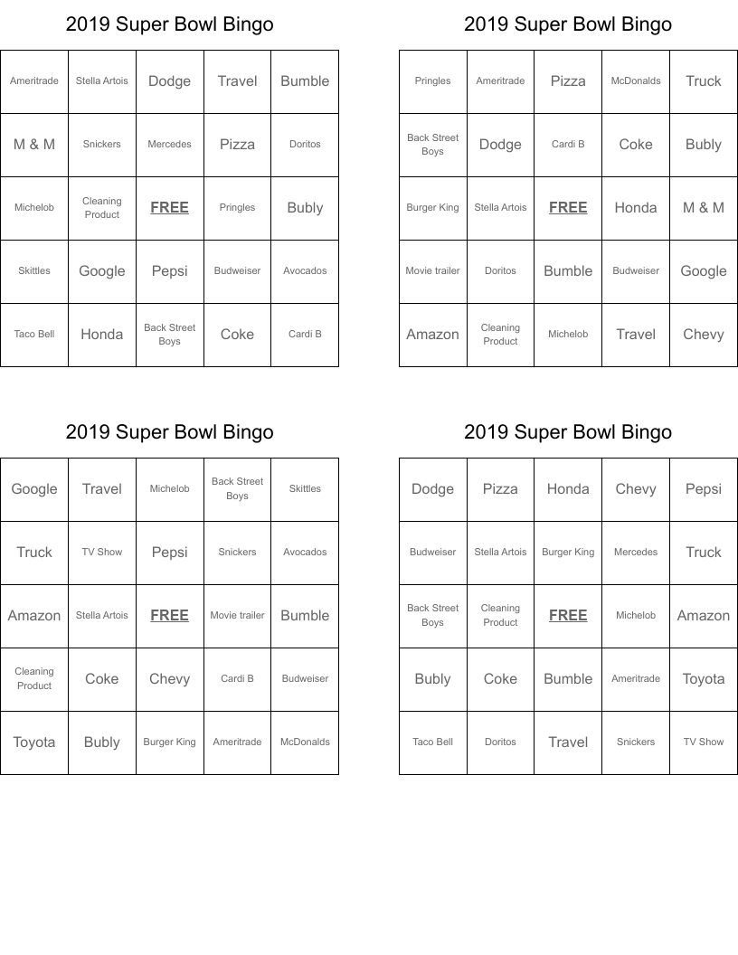2019 Super Bowl Bingo