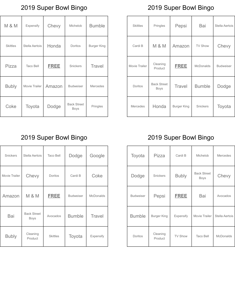 2019 Super Bowl Bingo