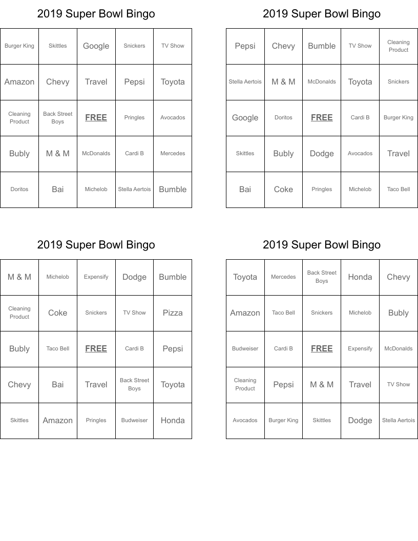 2019 Super Bowl Bingo