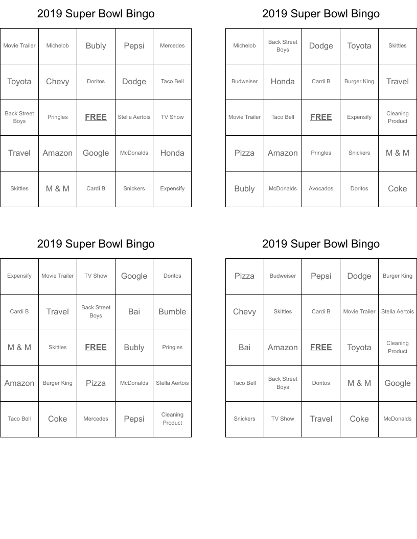 2019 Super Bowl Bingo