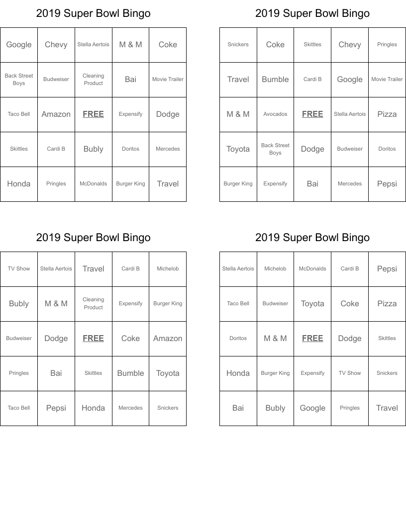 2019 Super Bowl Bingo