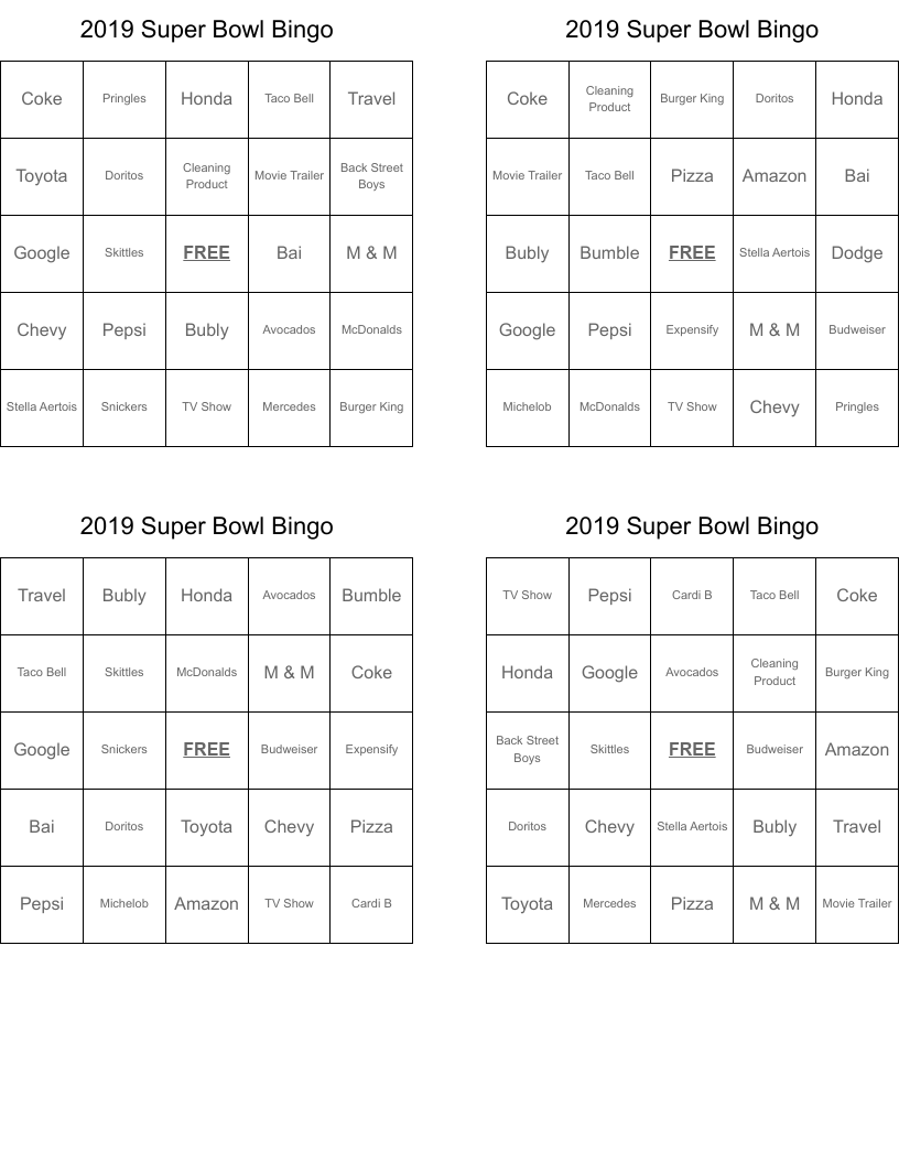 2019 Super Bowl Bingo