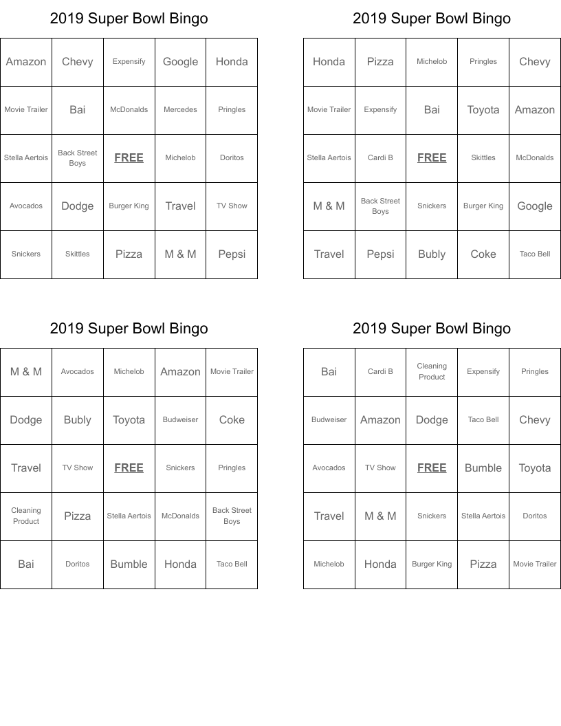 2019 Super Bowl Bingo