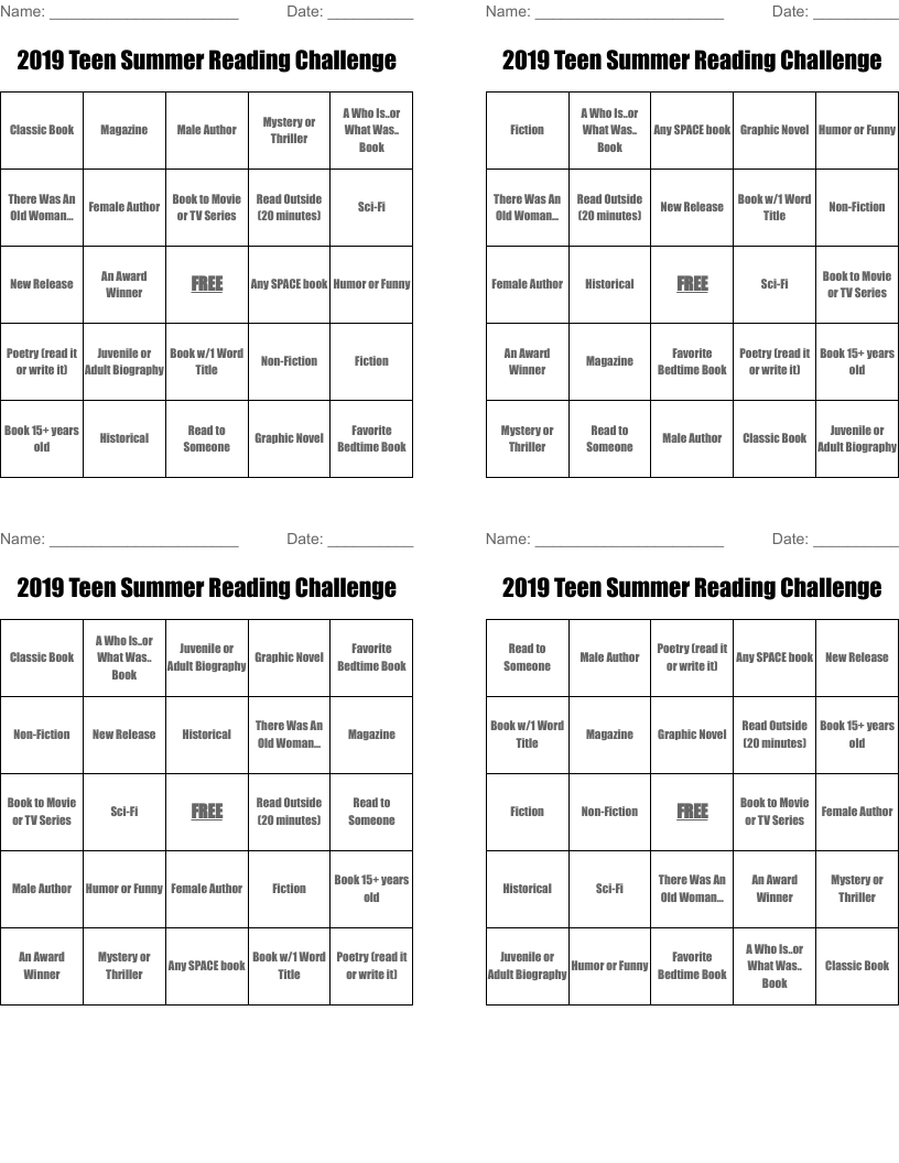 2019 Teen Summer Reading Challenge Bingo Cards