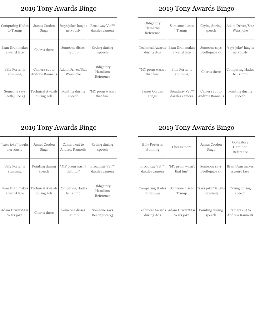 2019 Tony Awards Bingo