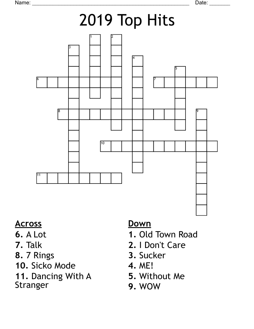 2019 Top Hits Crossword