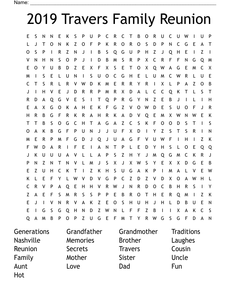 2019 Travers Family Reunion  Word Search