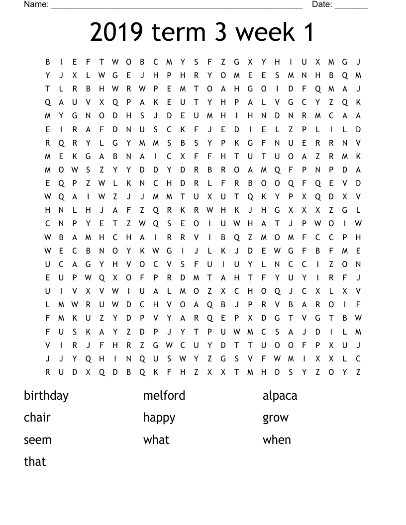 2019 term 3 week 1 Word Search