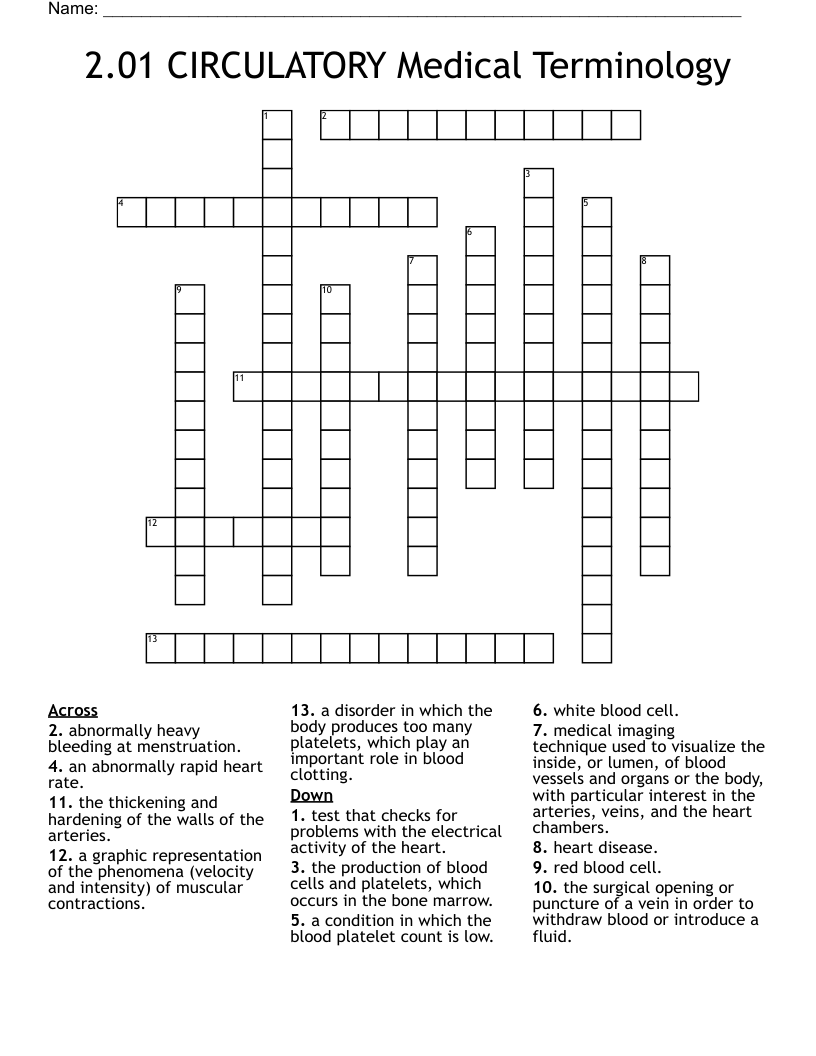 2.01 CIRCULATORY Medical Terminology Crossword