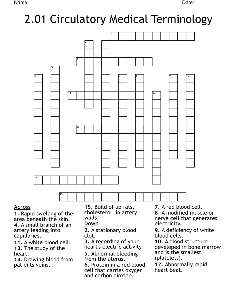 2.01 Circulatory Medical Terminology Crossword