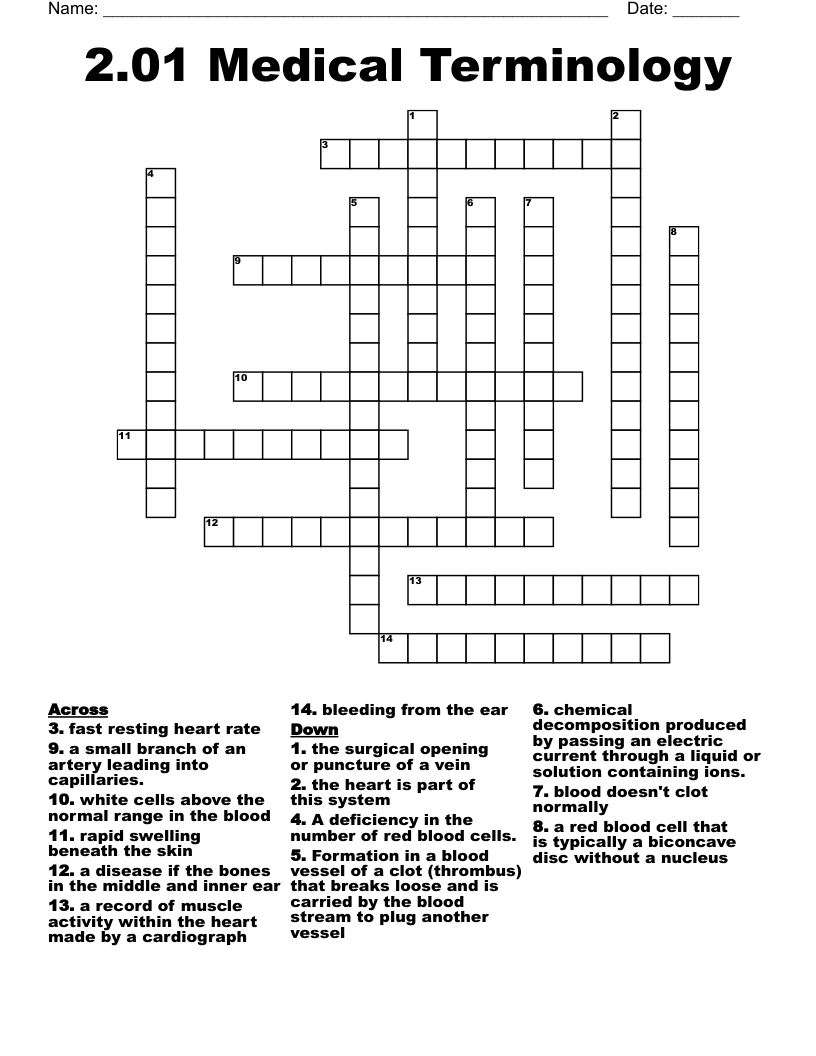 2.01 Medical Terminology Crossword