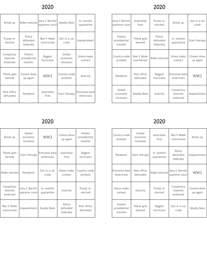 2020 Bingo Cards