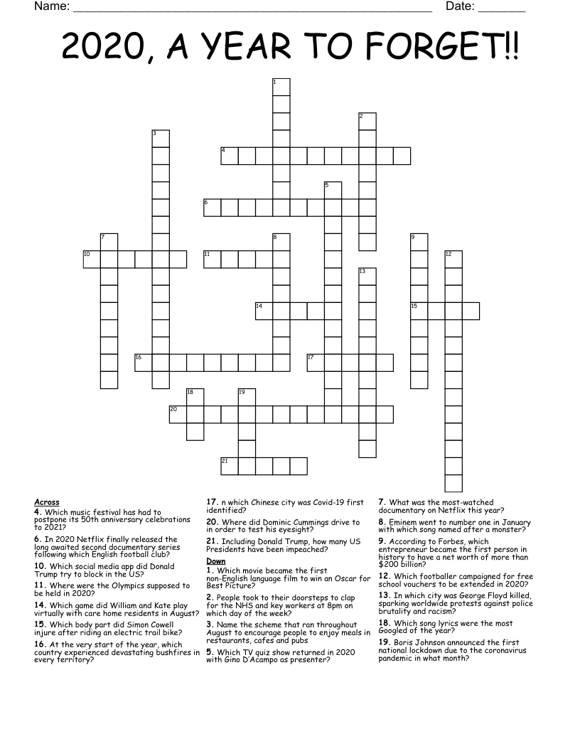 2020, A YEAR TO FORGET!! Crossword