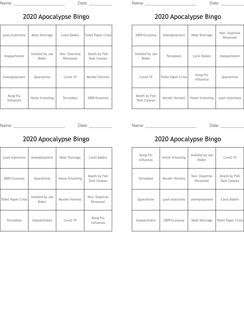2020 Apocalypse Bingo