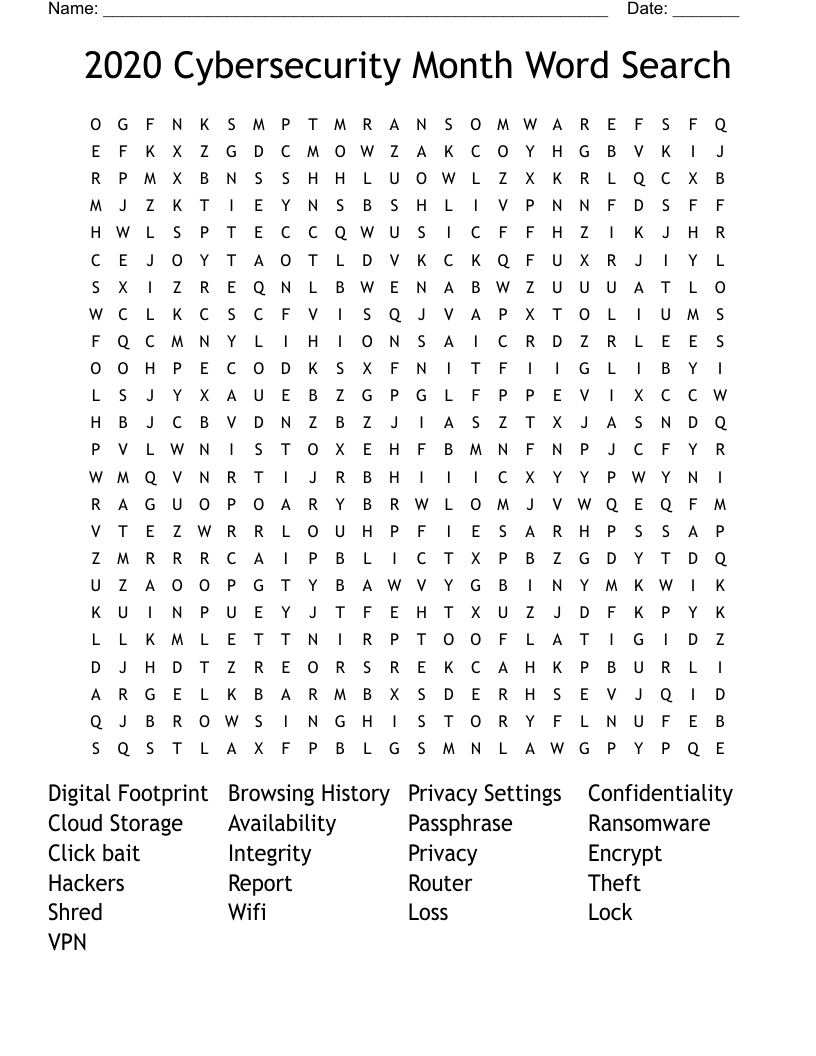 2020 Cybersecurity Month Word Search