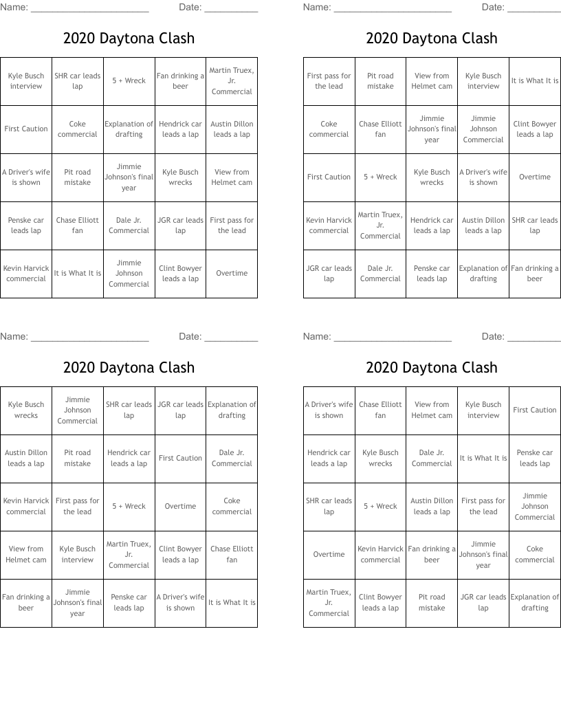 2020 Daytona Clash Bingo Cards