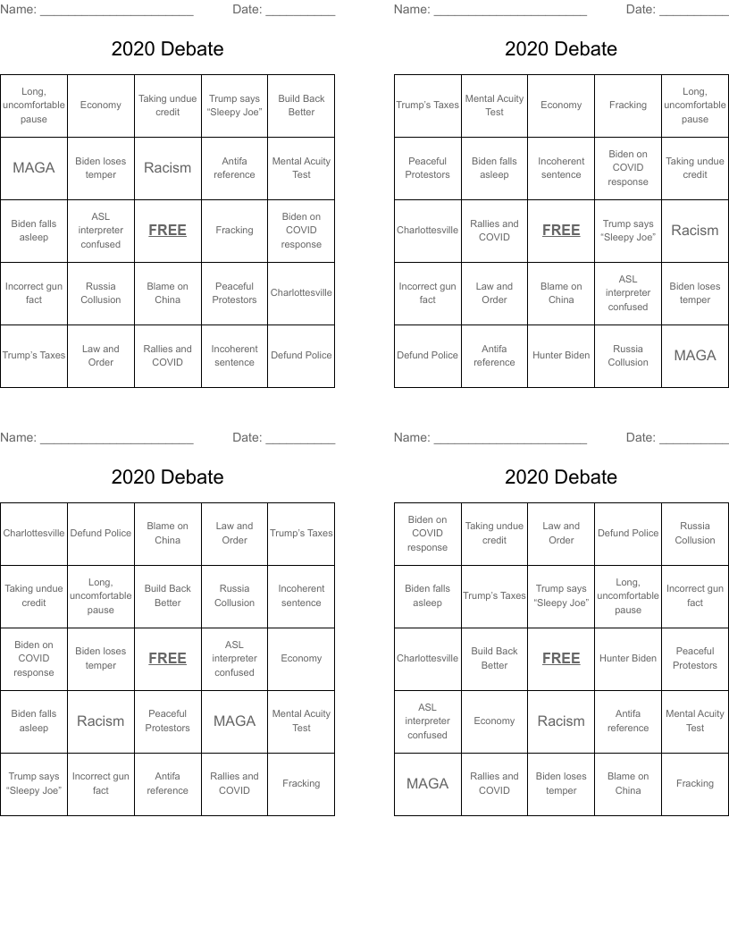 2020 Debate Bingo Cards