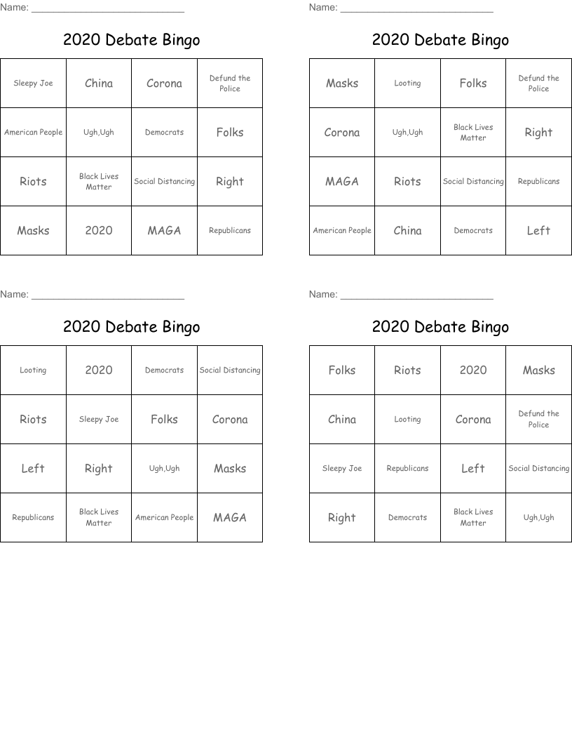 2020 Debate Bingo