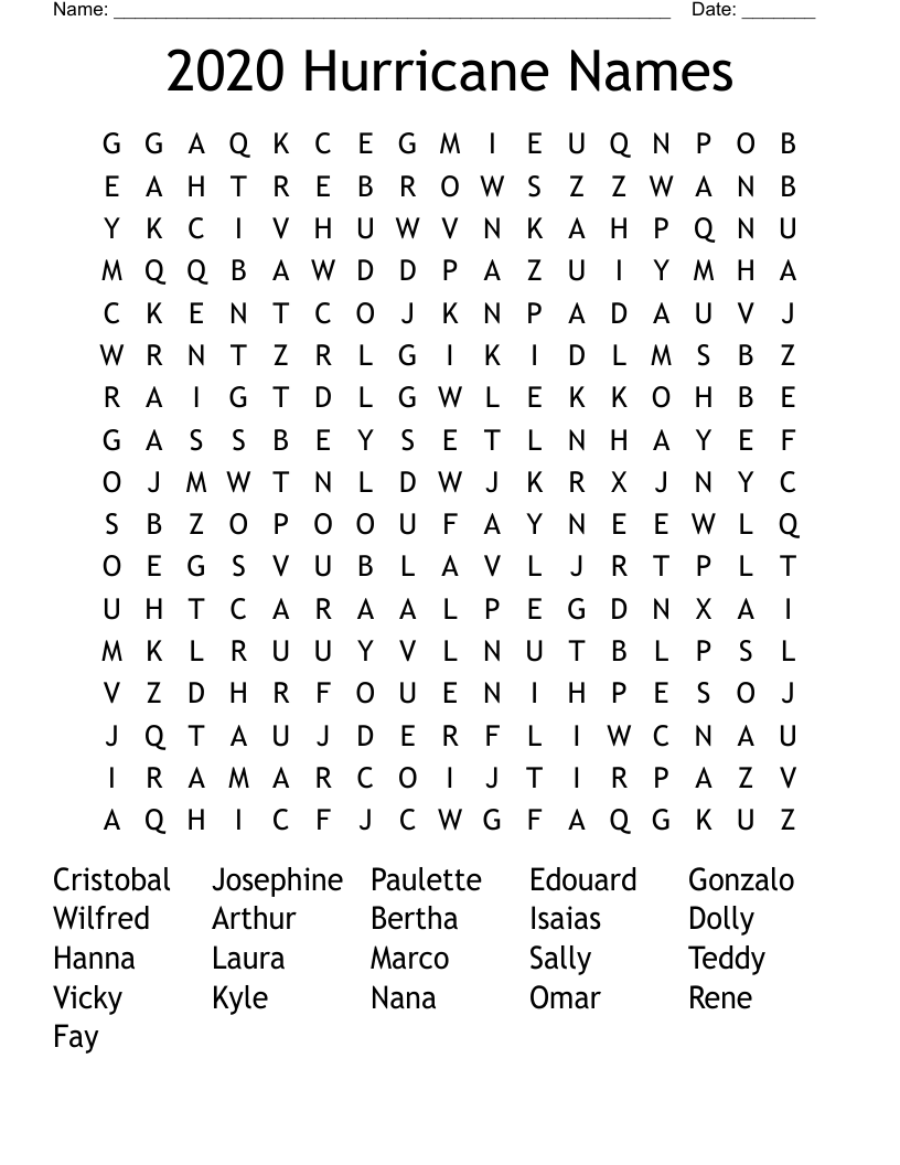 2020 Hurricane Names Word Search