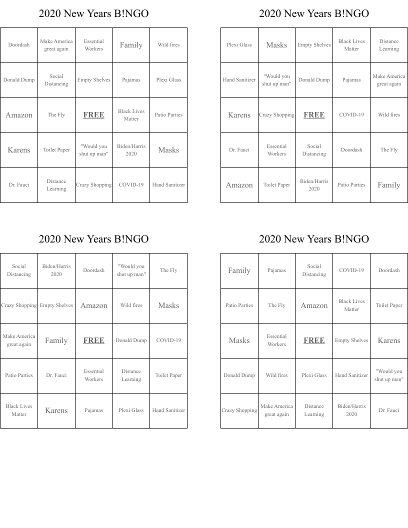 2020 New Years B!NGO Bingo Cards