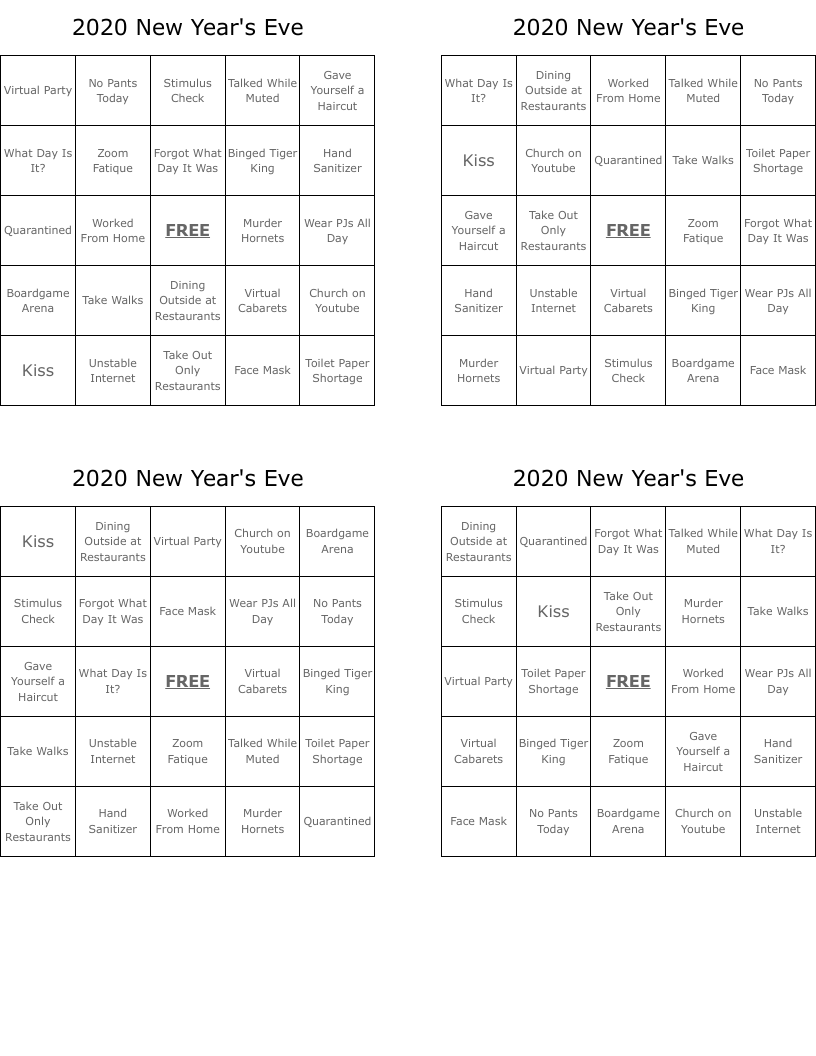2020 New Year's Eve Bingo Cards
