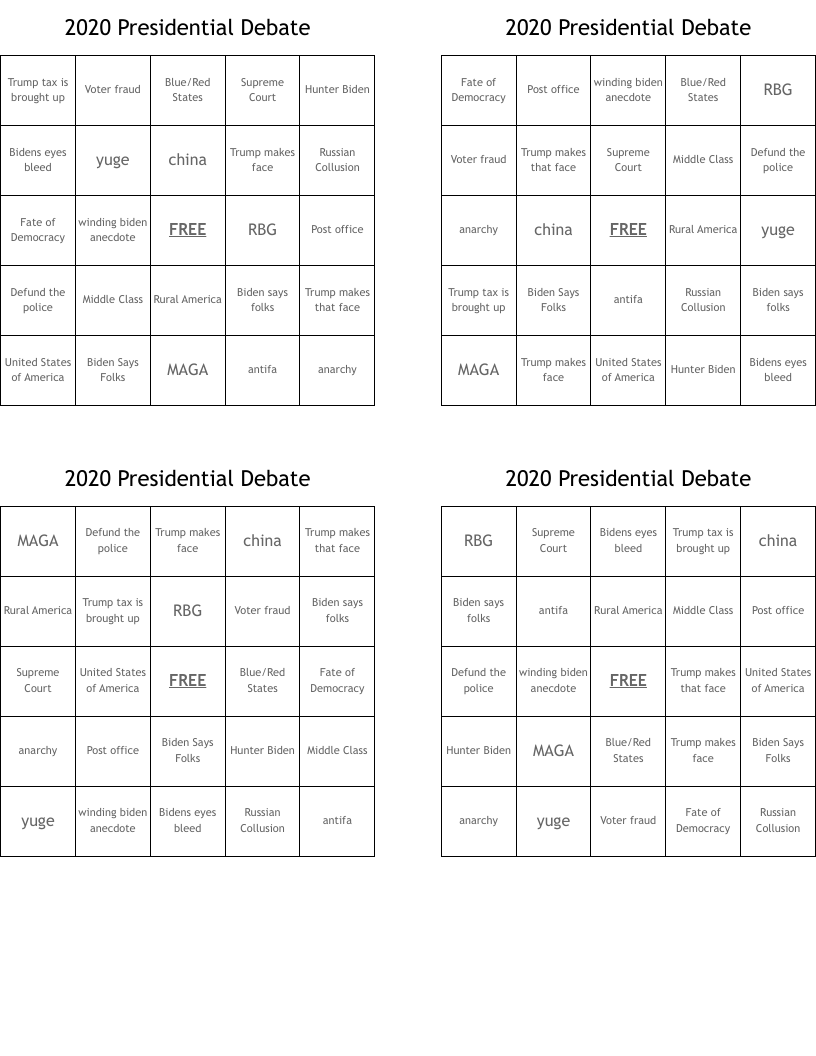 2020 Presidential Debate Bingo Cards