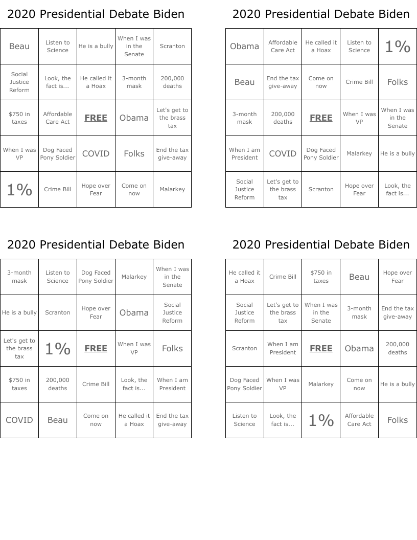 2020 Presidential Debate Biden  Bingo Cards