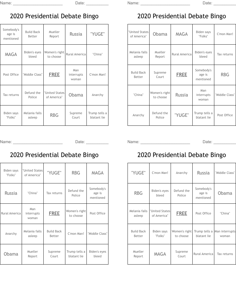 2020 Presidential Debate Bingo