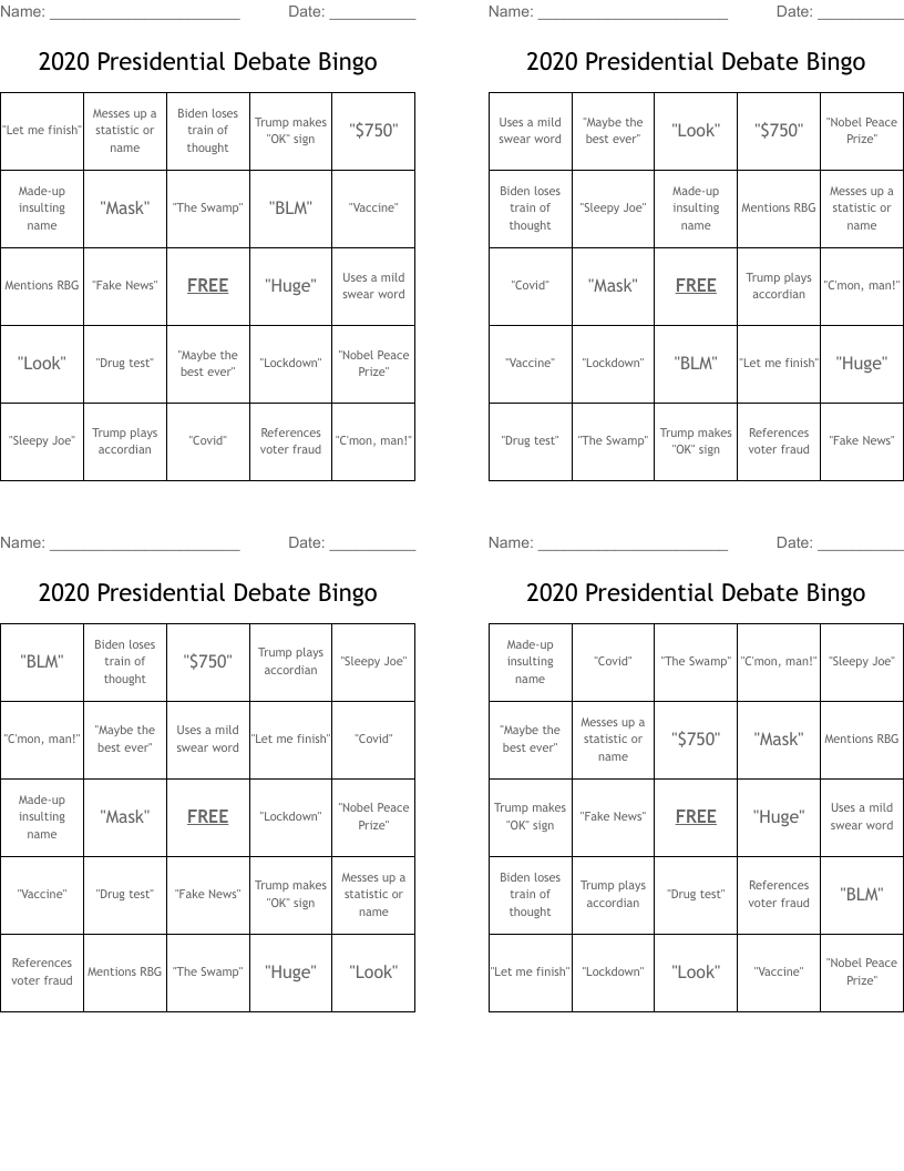 2020 Presidential Debate Bingo