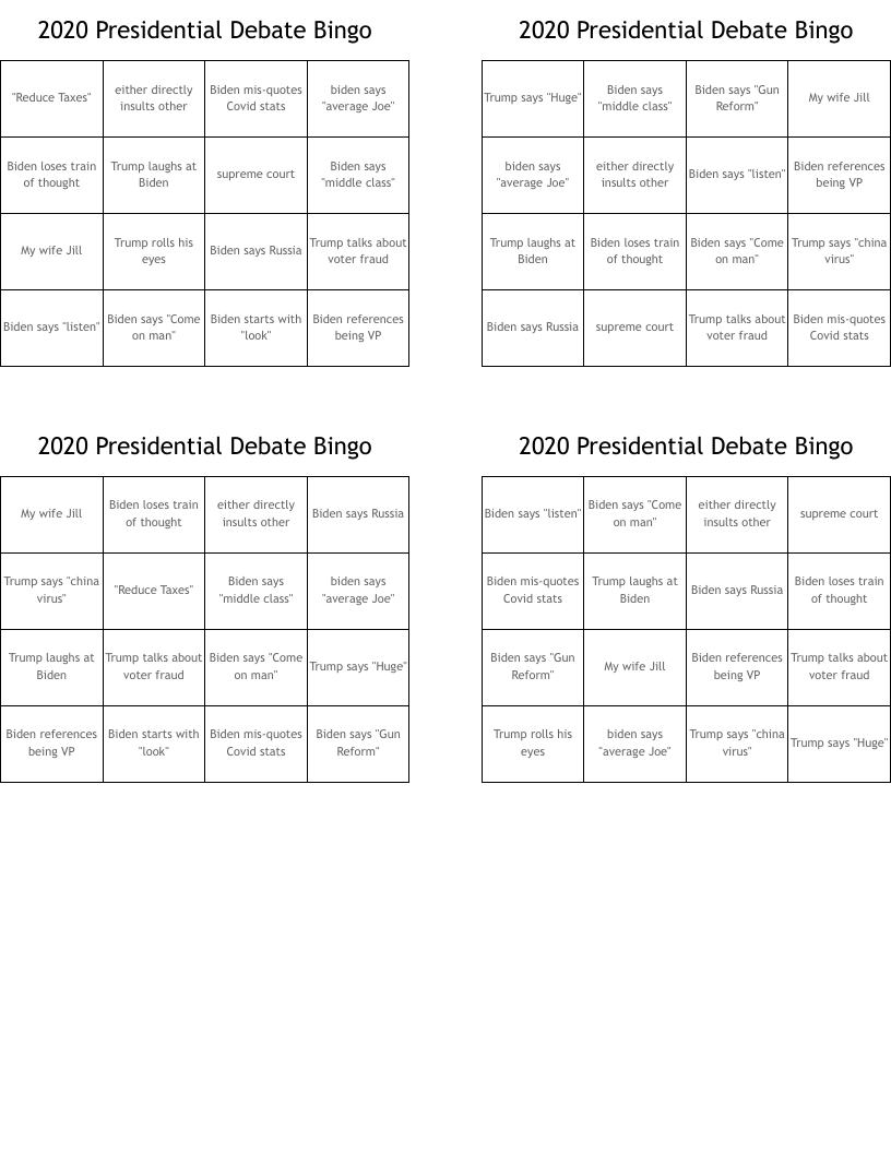 2020 Presidential Debate Bingo