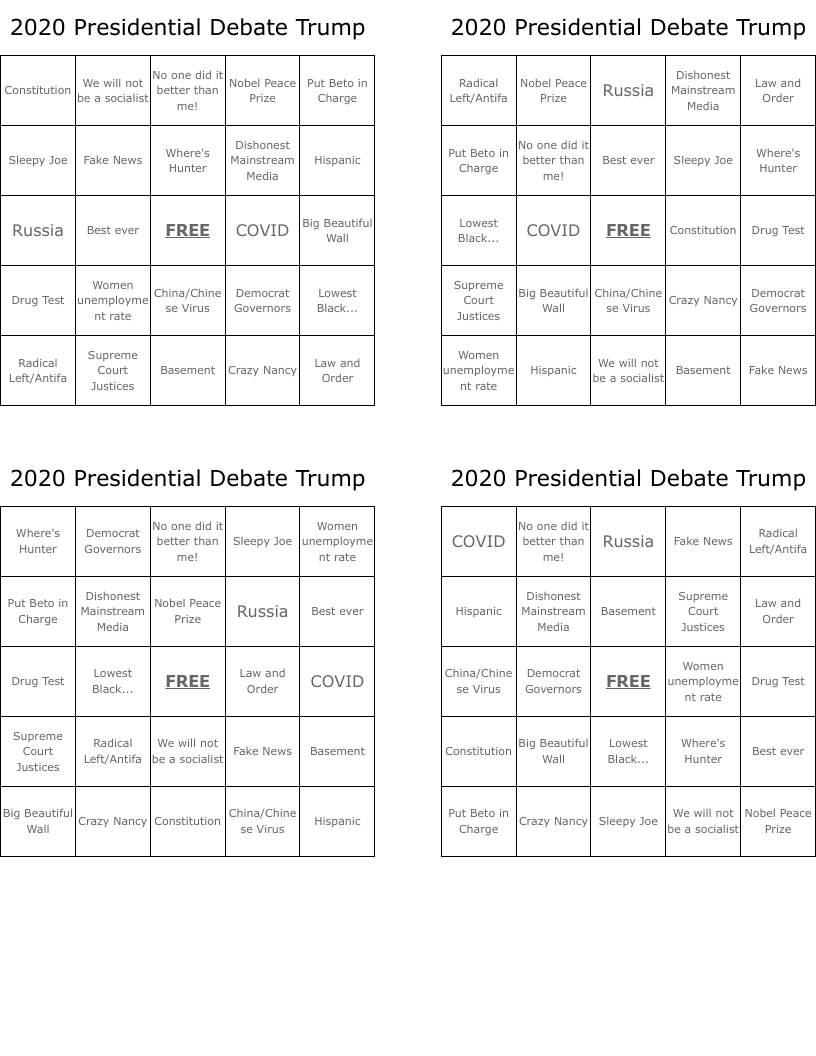 2020 Presidential Debate Trump Bingo Cards