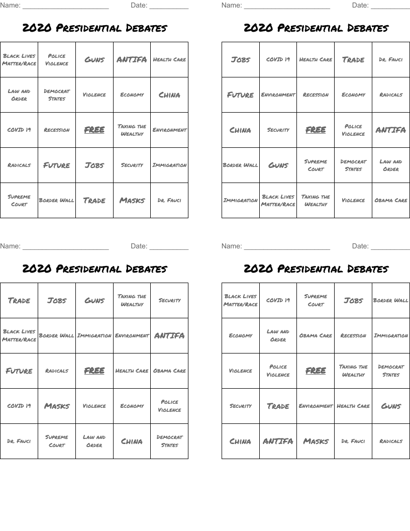 2020 Presidential Debates Bingo Cards