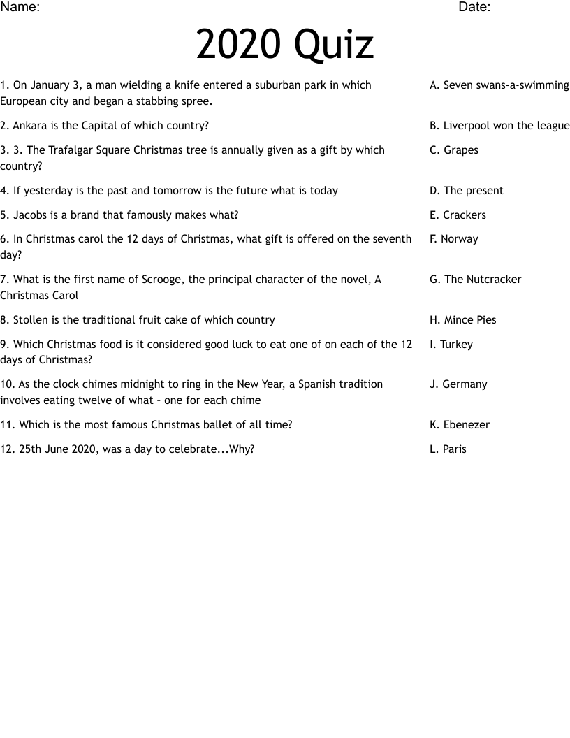 2020 Quiz Worksheet