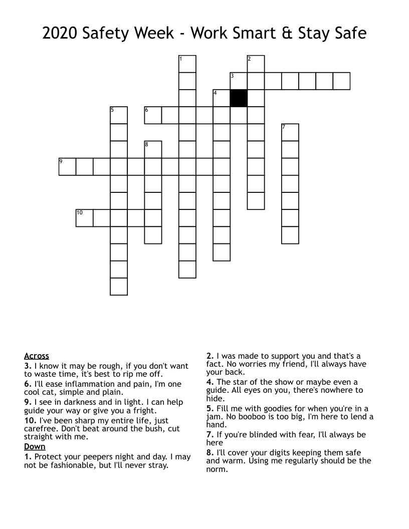 2020 Safety Week - Work Smart & Stay Safe Crossword