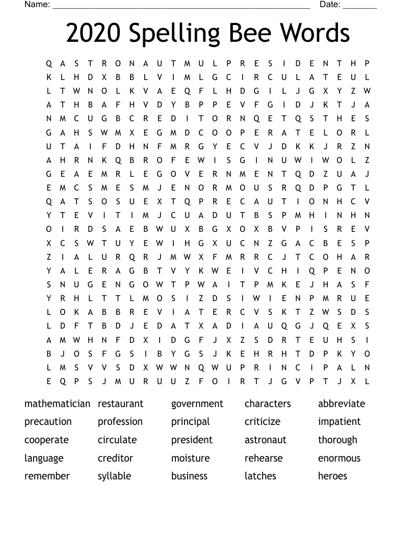 2020 Spelling Bee Words Word Search