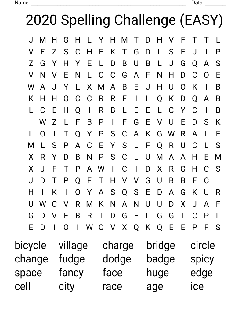 2020 Spelling Challenge (EASY) Word Search