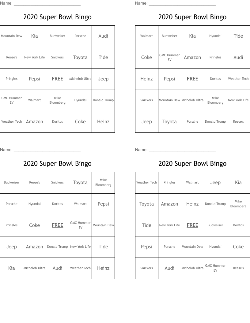 2020 Super Bowl Bingo
