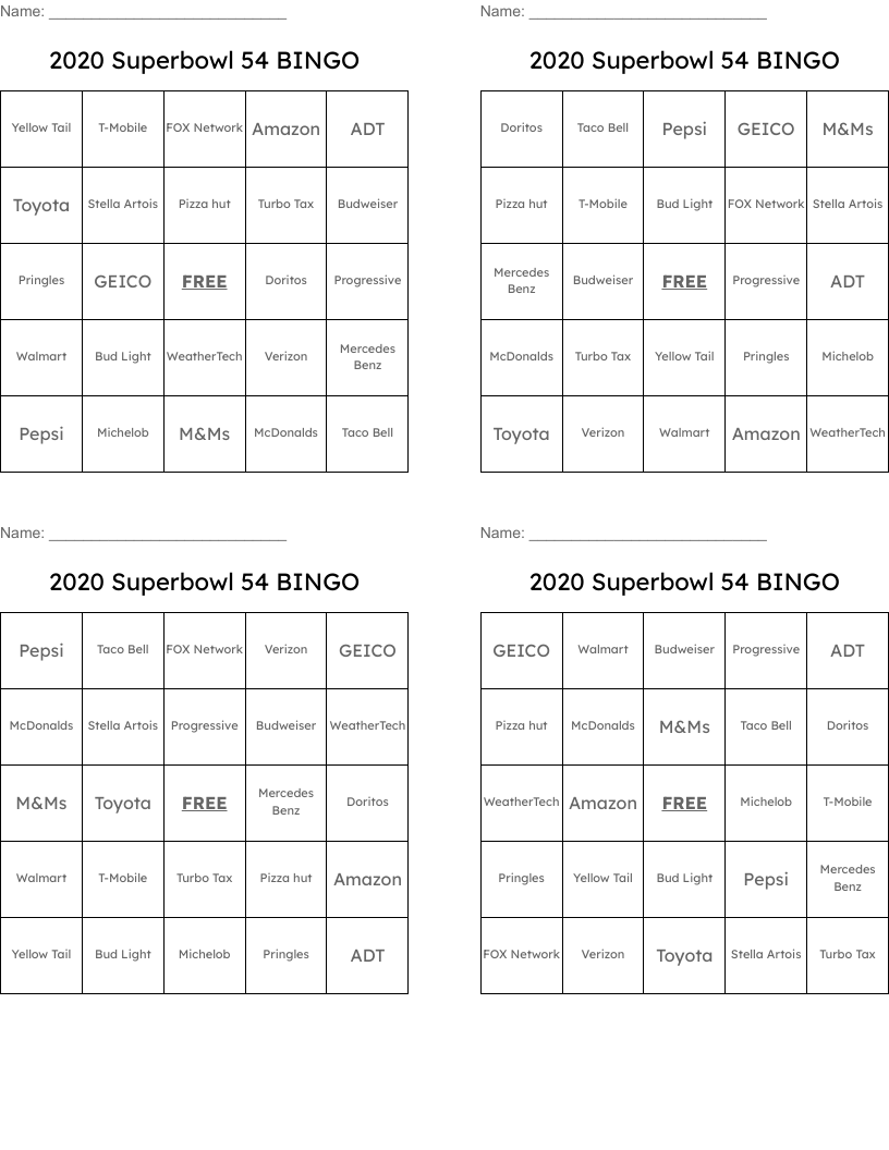 2020 Superbowl 54  BINGO