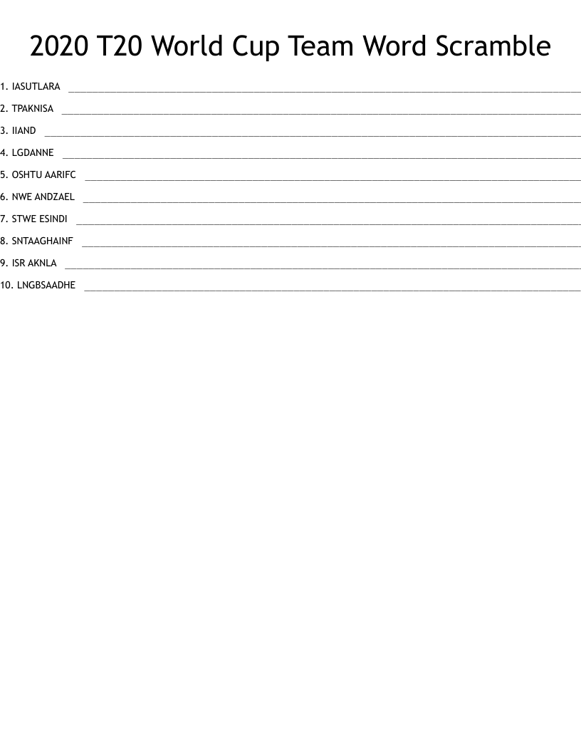 2020 T20 World Cup Team Word Scramble