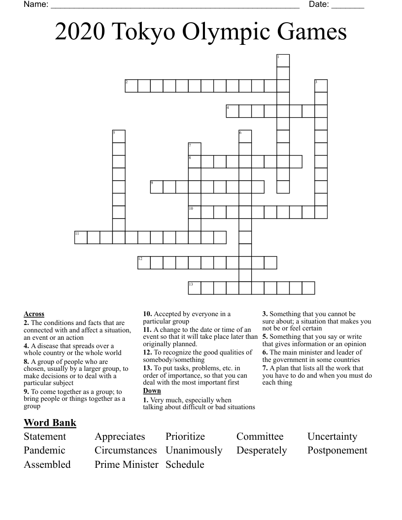 2020 Tokyo Olympic Games Crossword