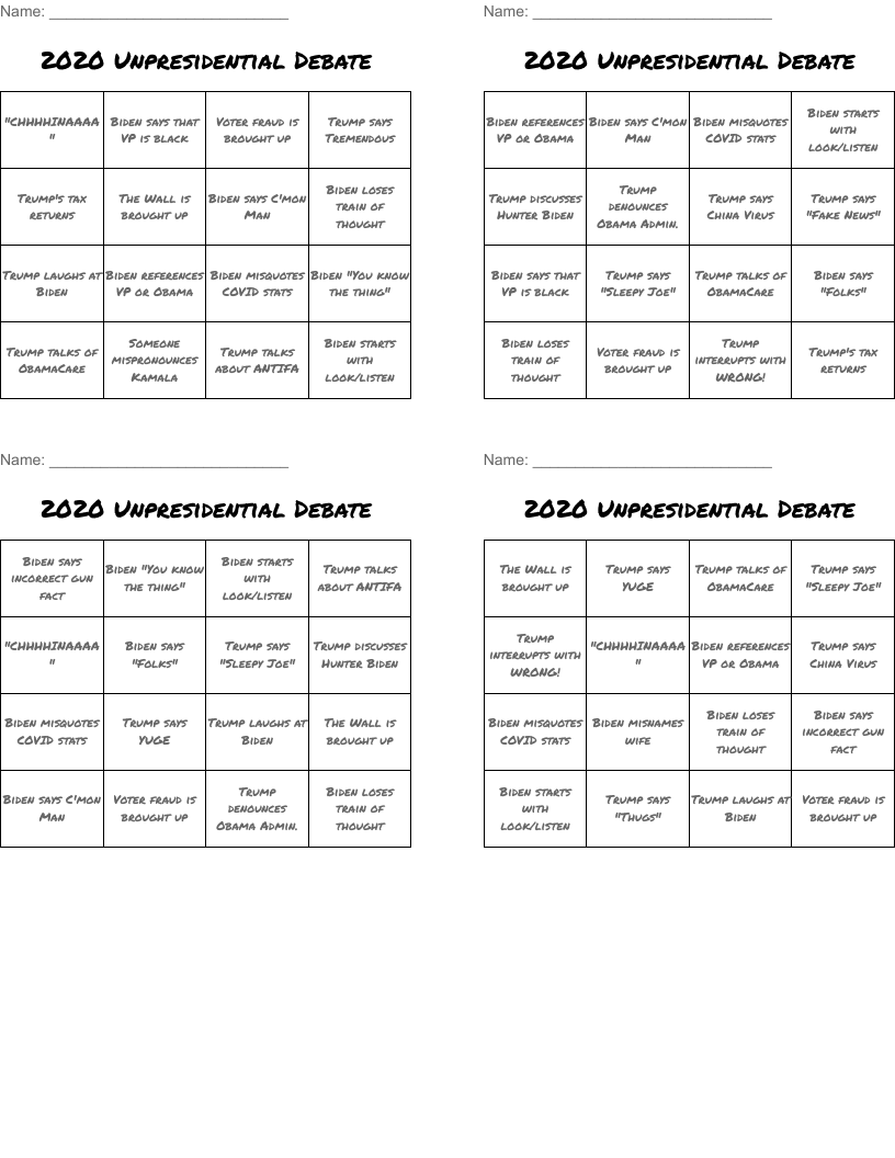 2020 Unpresidential Debate Bingo Cards
