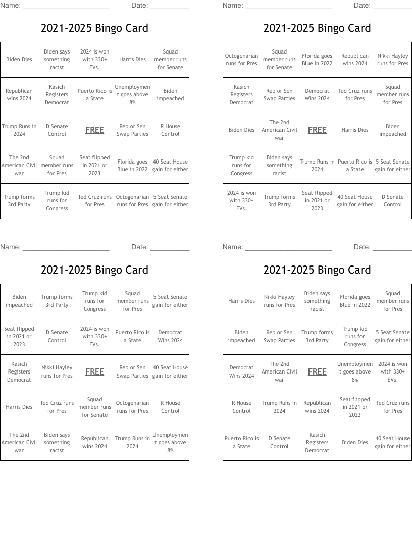 2021-2025 Bingo Card