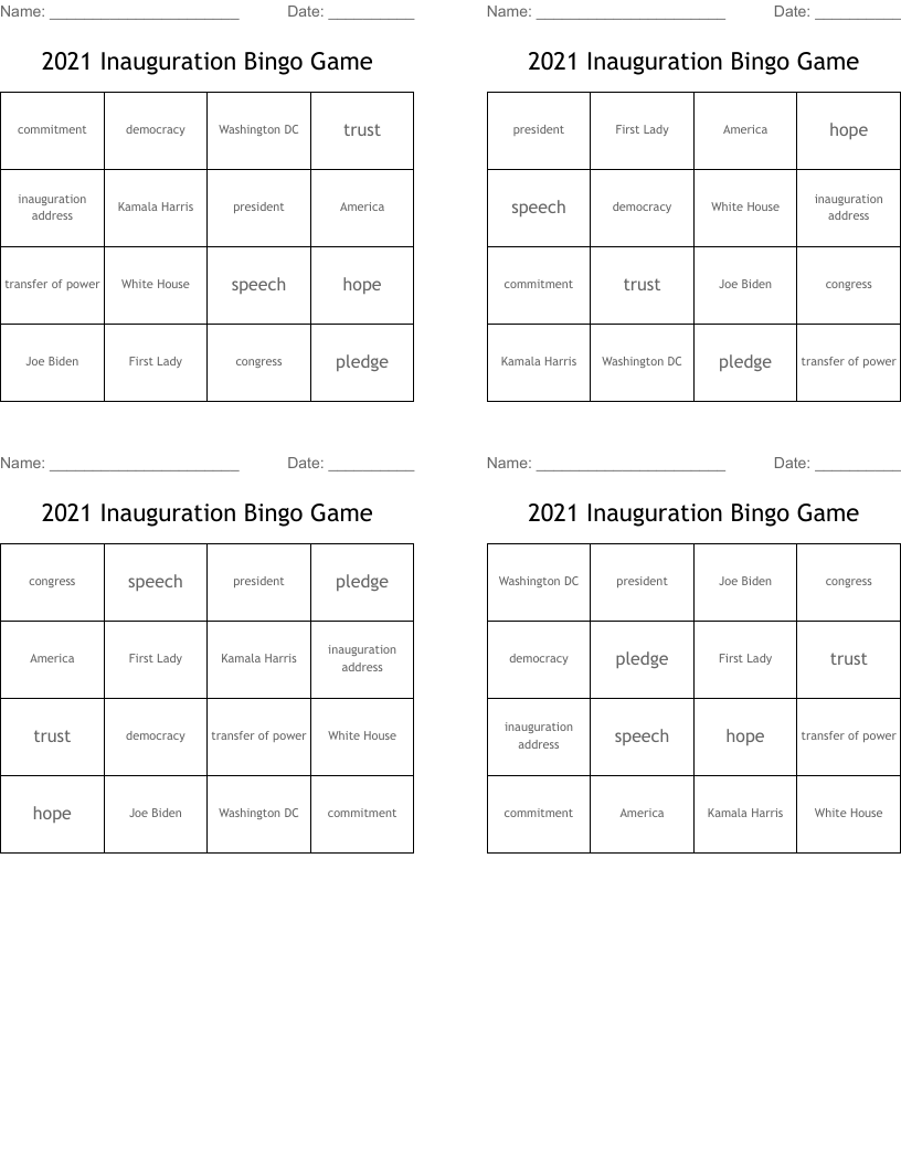 2021 Inauguration Bingo Game
