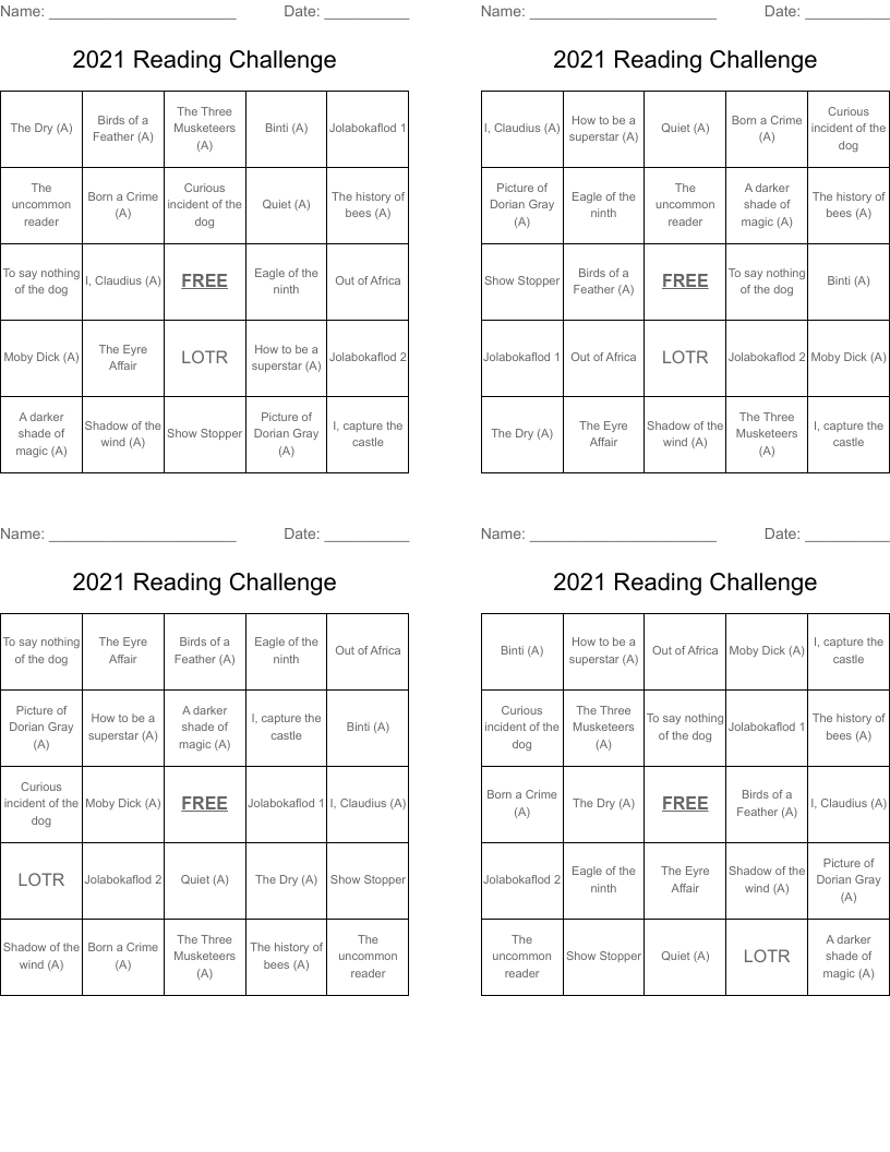 2021 Reading Challenge Bingo Cards