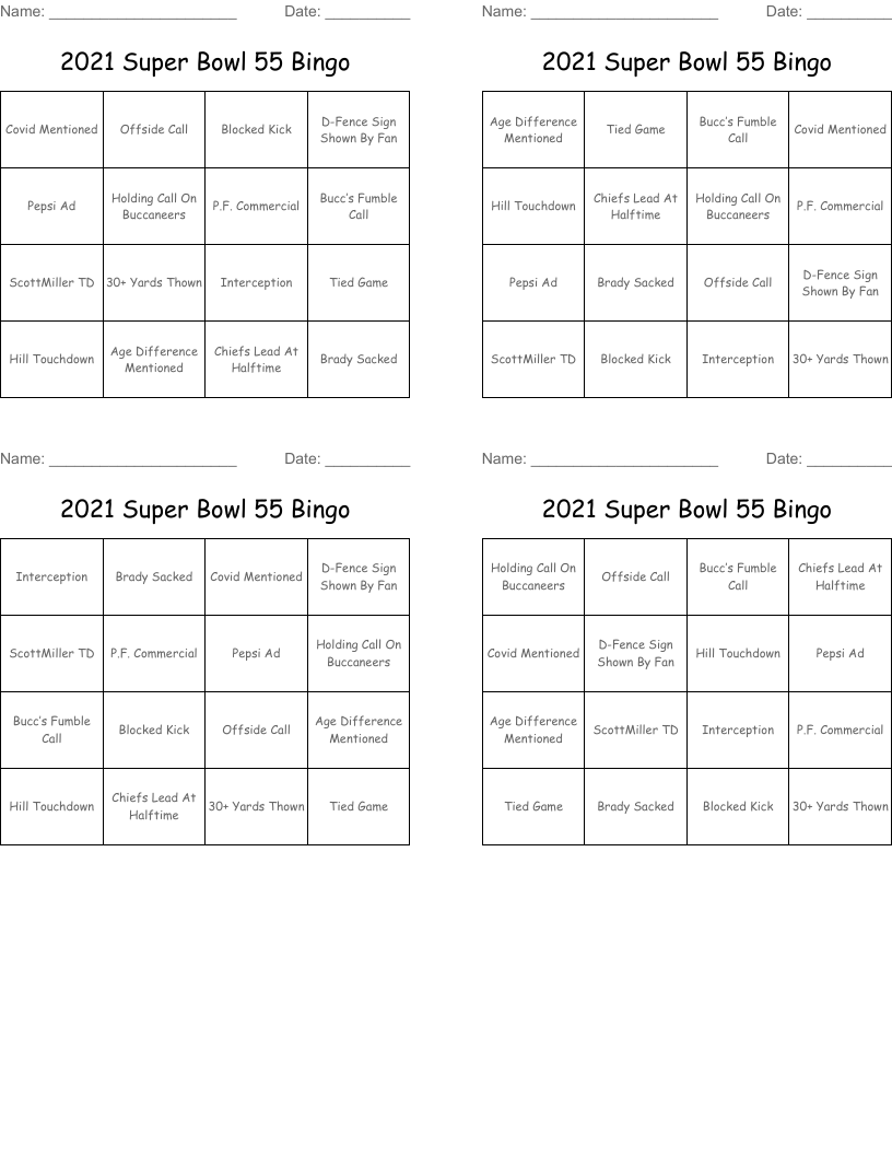 2021 Super Bowl 55 Bingo 