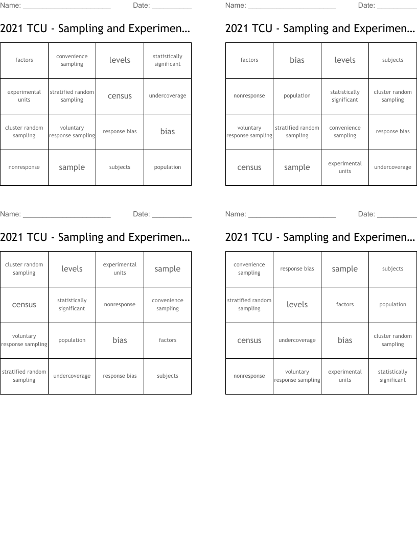 2021 TCU - Sampling and Experimentation Vocabulary BINGO