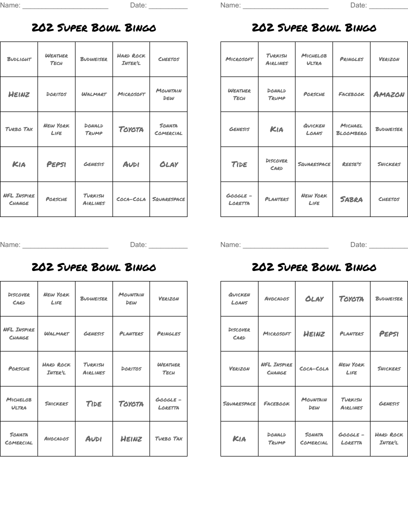 202 Super Bowl Bingo