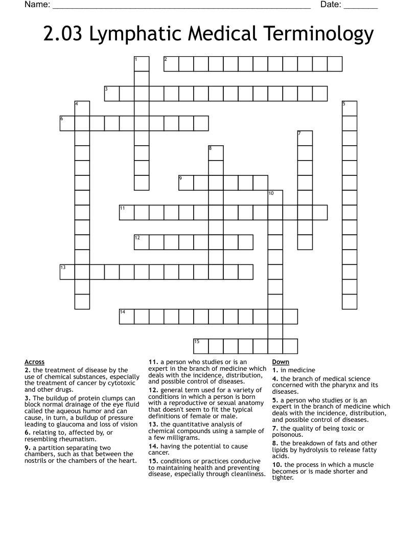 2.03 Lymphatic Medical Terminology Crossword