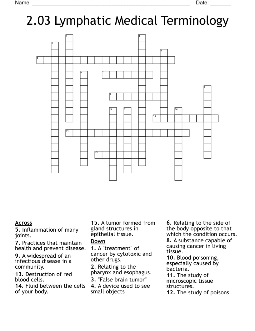 2.03 Lymphatic Medical Terminology Crossword