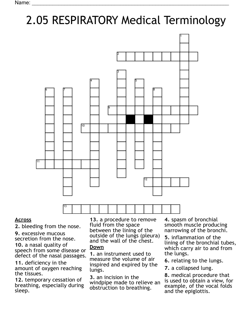 2.05 RESPIRATORY Medical Terminology Crossword